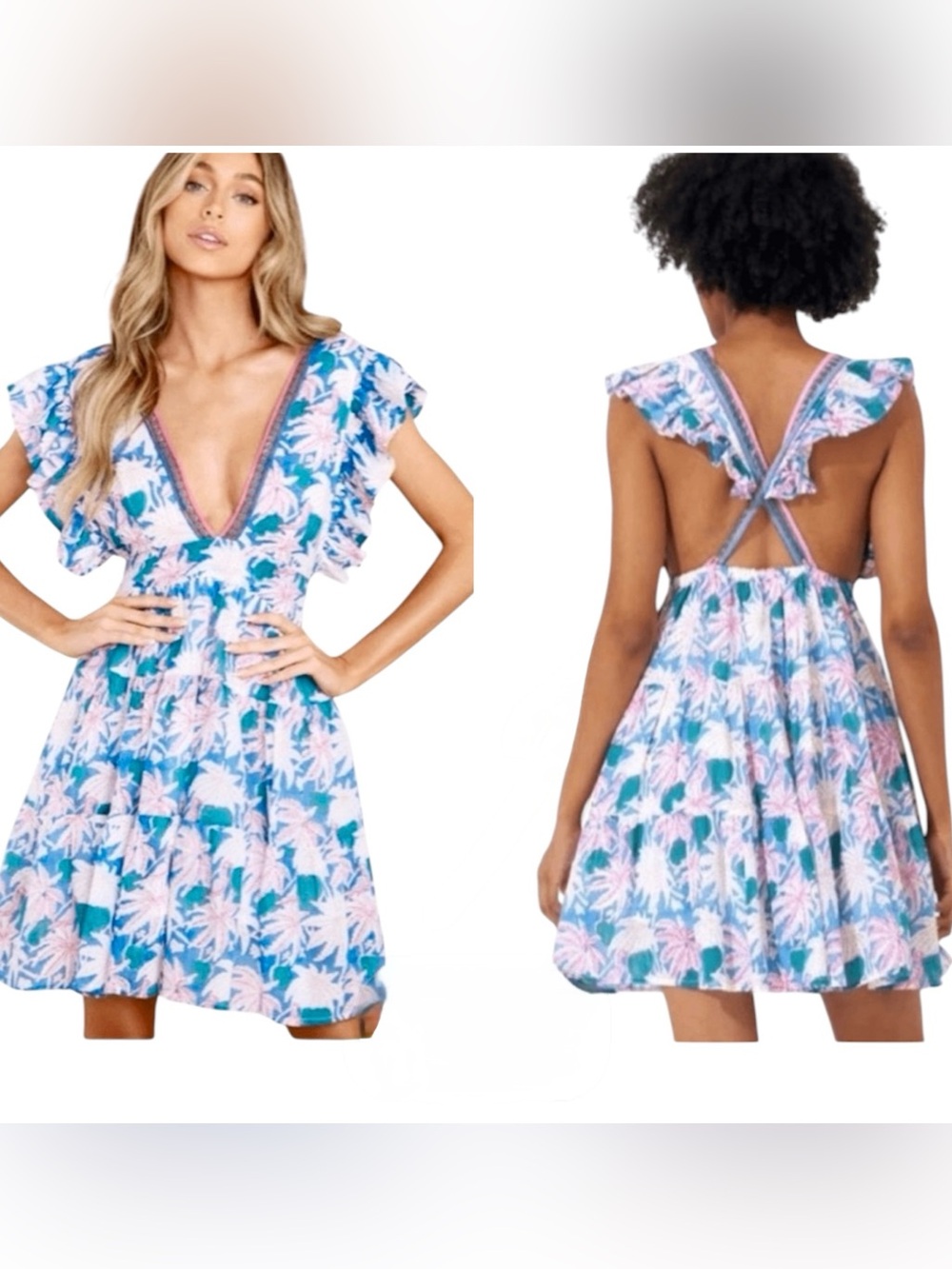 Oliphant Cotton Flutter Sleeve Mini Dress Cayman Blue Adjustable Size Small